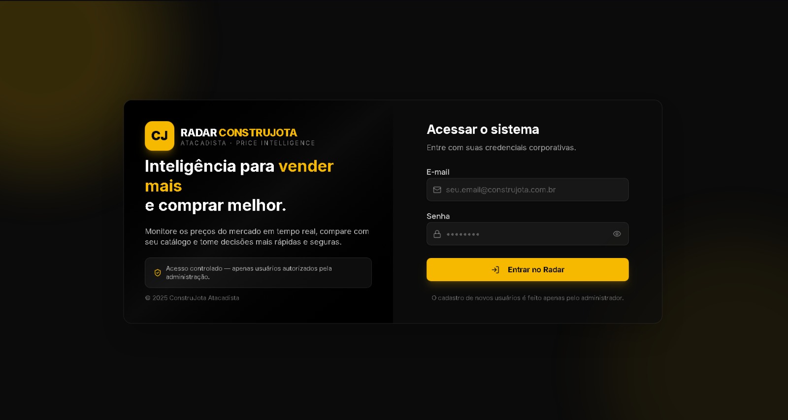 Tela de login do Radar ConstruJota
